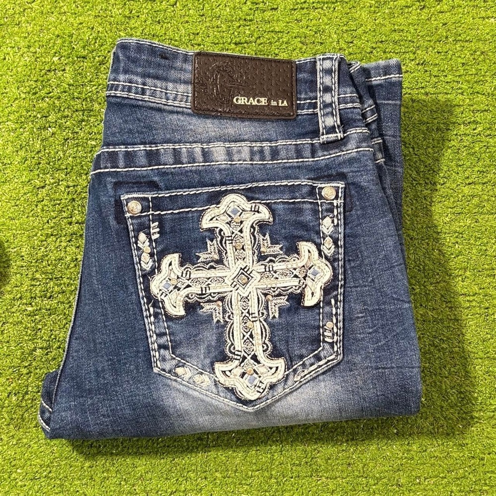 Grace in LA Easy Fit Size 29 Women's Western Rhinestone Cross Blue Jeans